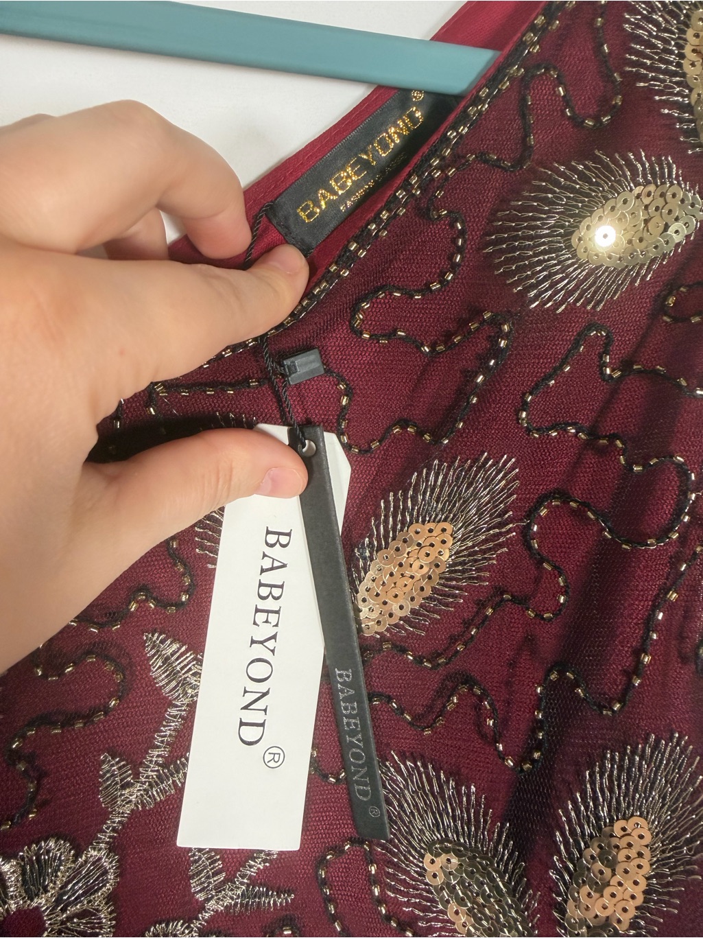 Embellished Burgundy Irregular Tassel Hem Peacock Dress - 20s Inspired, Flapper — image 2 of 8